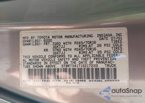 2001 Toyota Tundra Sr5 V8 из США, поврежденный, VIN 5TBRT34171S217233